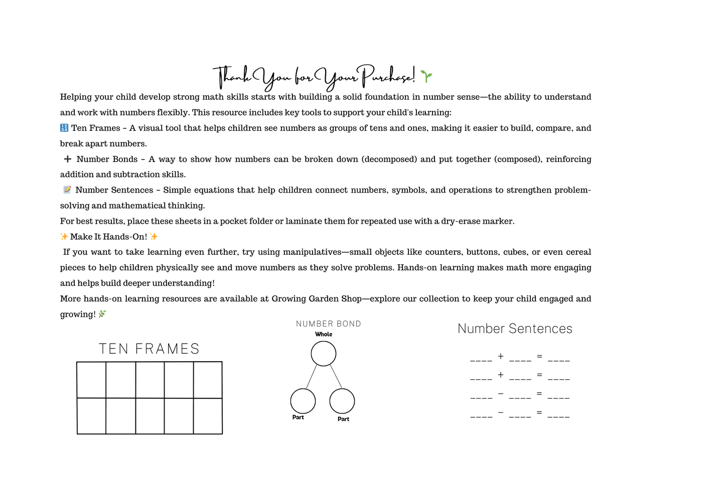 Tens Frame, Number Bond Number Sentences (Physical Product)